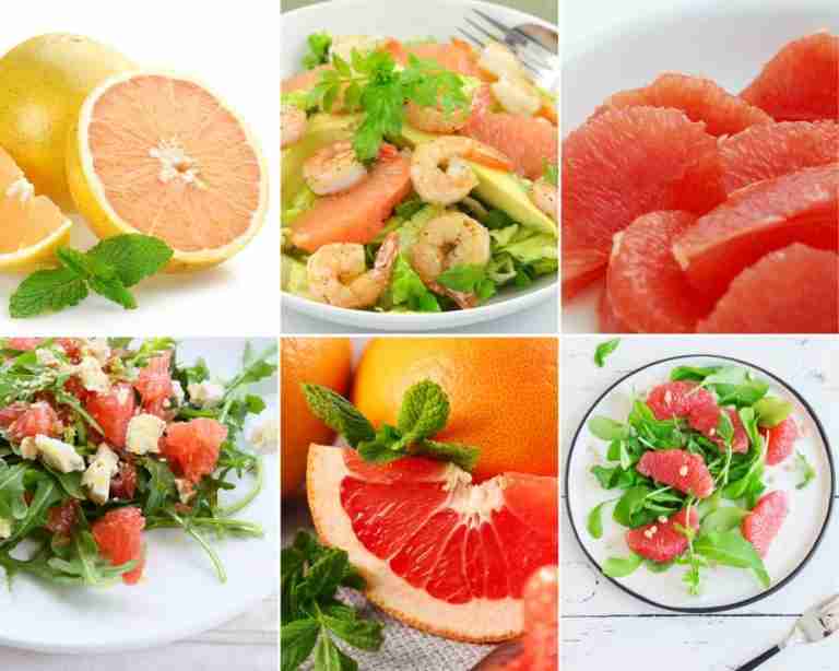 collage of fresh grapefruit slices and grapefruit salads