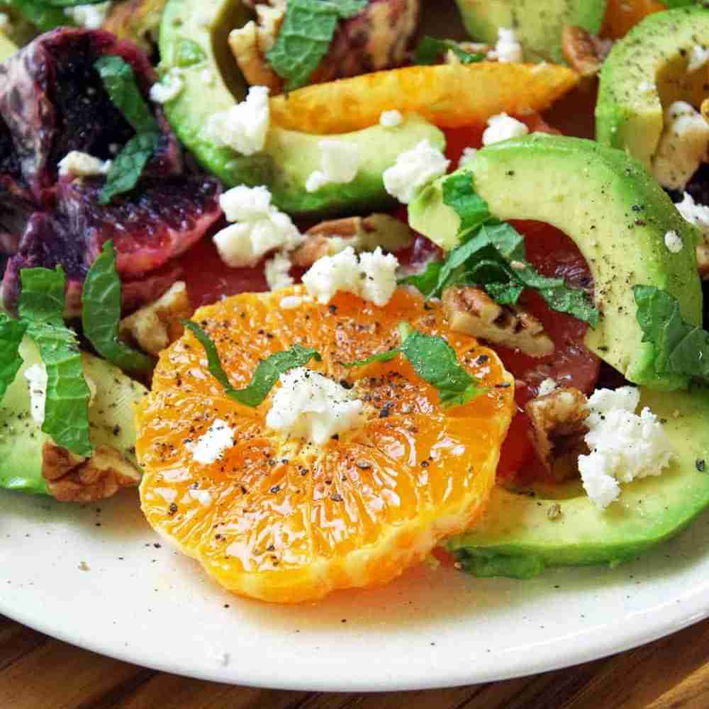 grapefruit, orange and avocado salad with mint and feta