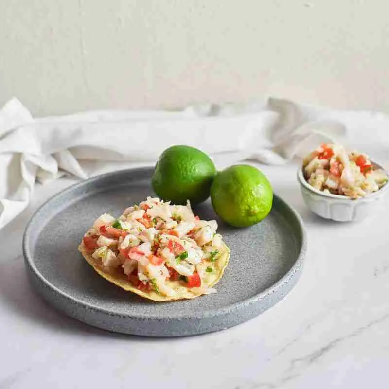 fish ceviche on a grey stoneware plate with fresh limes on a marble bench