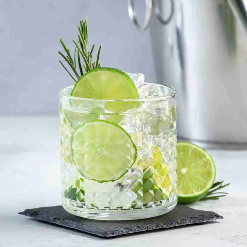 Gin and tonic in a glass with slices of lime and rosemary in front of a silver ice bucket