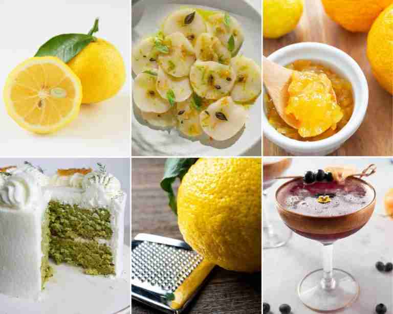 collage of yuzu fruit and yuzu recipes including sashimi, cake and cocktail