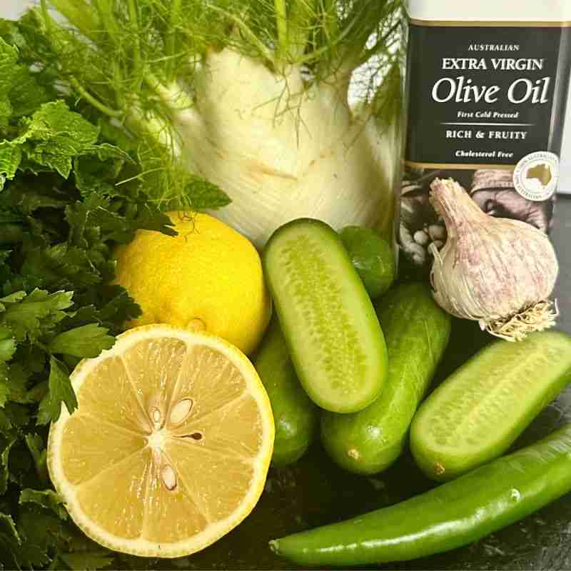 lemon fennel cucumber olive oil garlic and green chili
