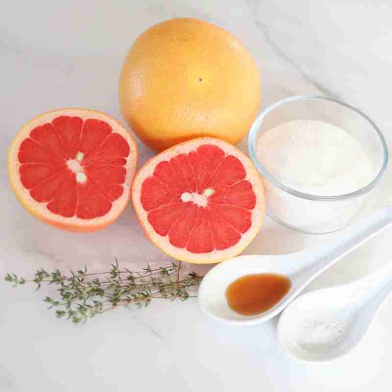 grapefruit granita ingredients including ruby red grapefruit, sugar, fresh thyme, vanilla and salt