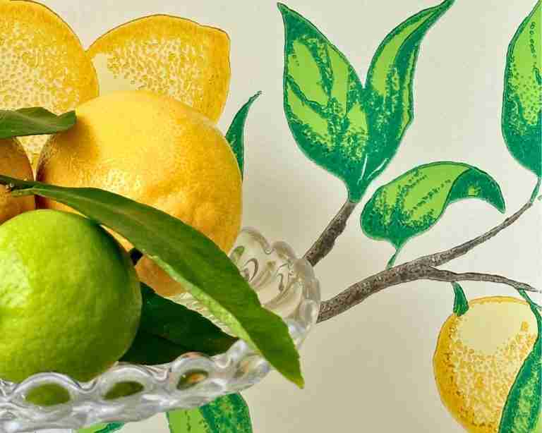 Lemon print wallpaper Capri Lemons by Barneby Gates with glass dish with lemon and lime