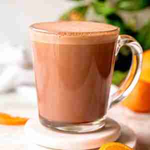 blood orange mocha latte in glass coffee cup