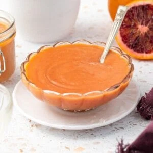 blood orange curd in glass dish