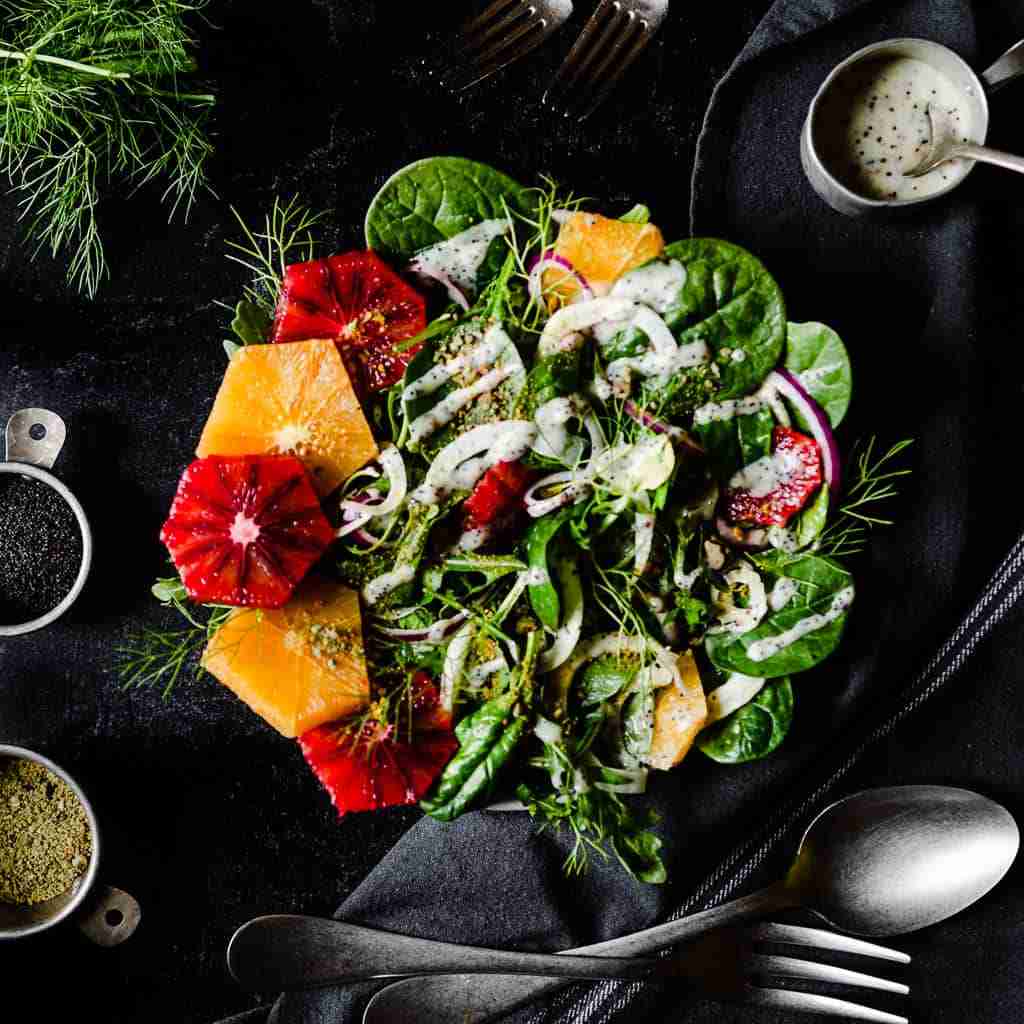 blood orange salad with fennel mistachios and creamy poppyseed dressing