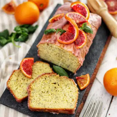 blood orange and poppys eed loaf cake with fresh blood oranges