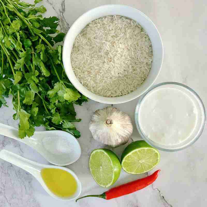 coconut milk, long grained rice, cilantro/coriander, lime, salt, olive oil, garlic and red chili
