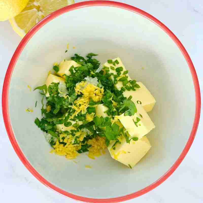 compund lemon garlic butter ingredients in a mixing bowl