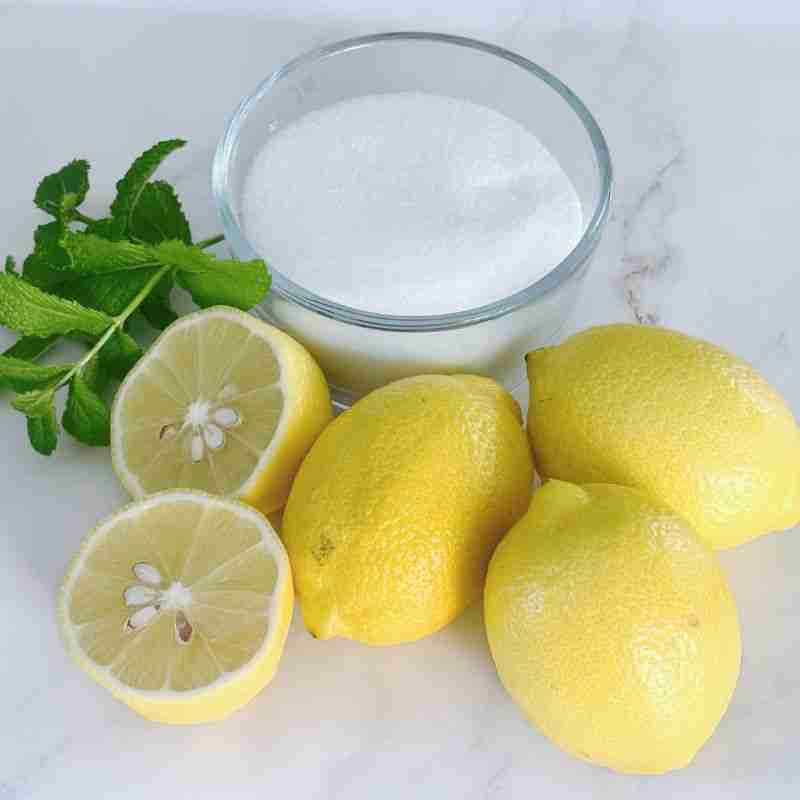 lemon granita ingredients including white sugar, fresh lemons and mint