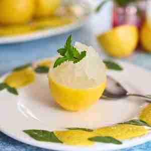 lemon granita served in half lemon with mint on lemon plate