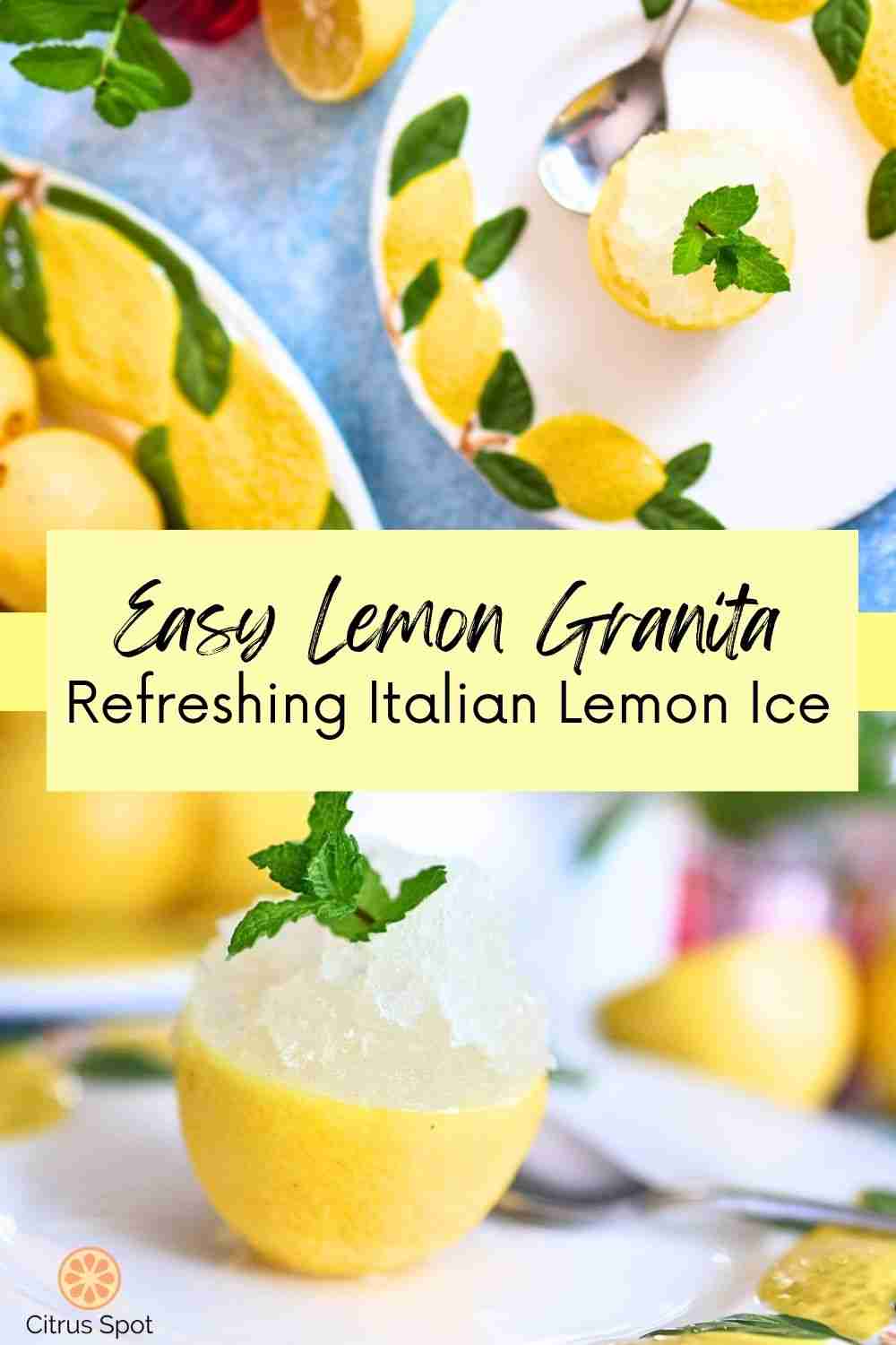 lemon granita served in a lemon half on a lemon pattered plate with mint and fresh lemons
