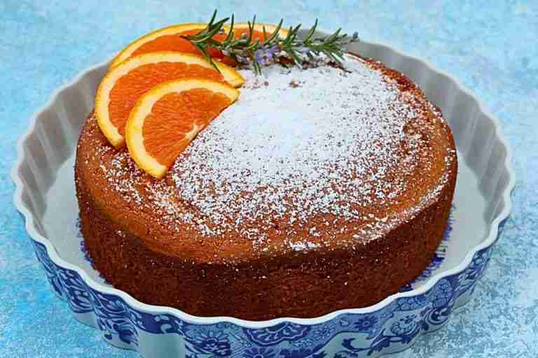 Cara Cara orange olive oil cake with orange slices and rosemary in blue and white dish